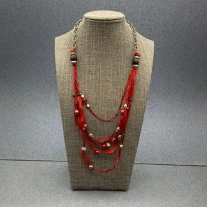 Red Silver Ribbon Necklace Black Multi Strand